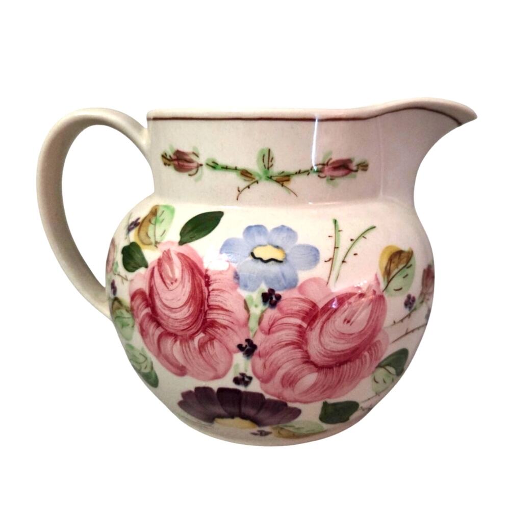VTG Blue Ridge Southern Pottery Large Hand Painted Floral Pitcher USA Pink